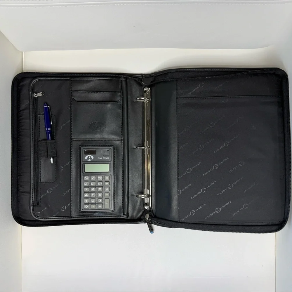 Avenues America  PU black leather zippered portfolio ring binder and calculator